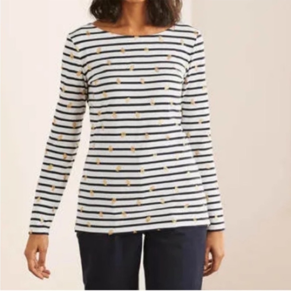 Boden Breton Stripe Long Sleeve Black/White Gold Foil Lemons Top Size 16 / 18